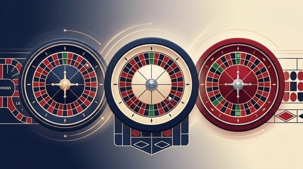 Imagen editorial ilustrando: Tipos de ruleta: europea, francesa y americana