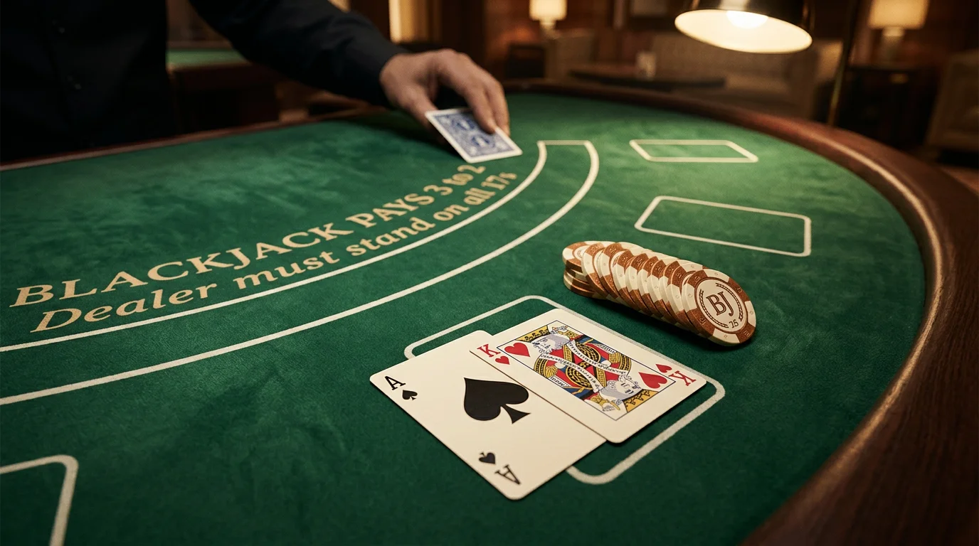 Mano de blackjack sobre tapete con un as y una figura formando 21, junto a fichas y la mano de un crupier