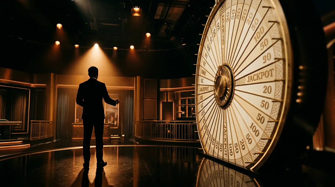 Estudio iluminado con una gran rueda de premios al estilo de un game show de casino y presentador silueteado al fondo